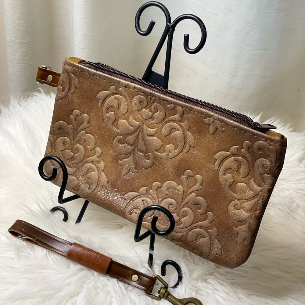 Cowhide Wristlet Clutch with Zipper Embossed print with detachable strap browns